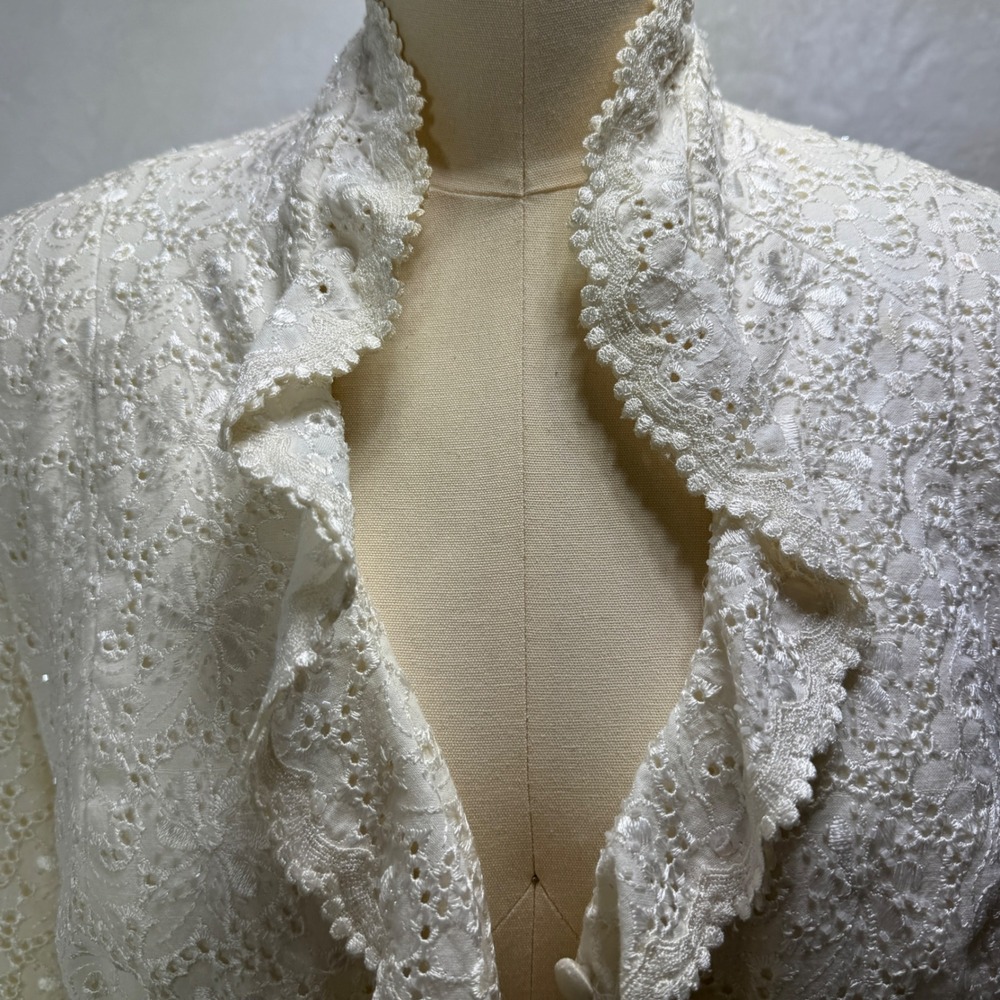 Carmen Marc Valvo Cream Eyelet Lace Beaded Sequin Evening Jacket Bolero 6 Formal - Picture 2 of 16